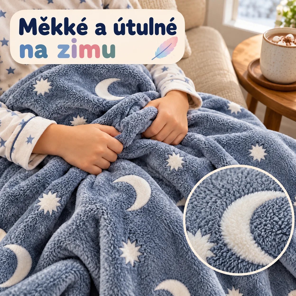 Kouzelná deka má na sobě natištěné hvězdy a měsíce, které se přes den "naplní" přirozeným nebo umělým světlem a večer krásně svítí.