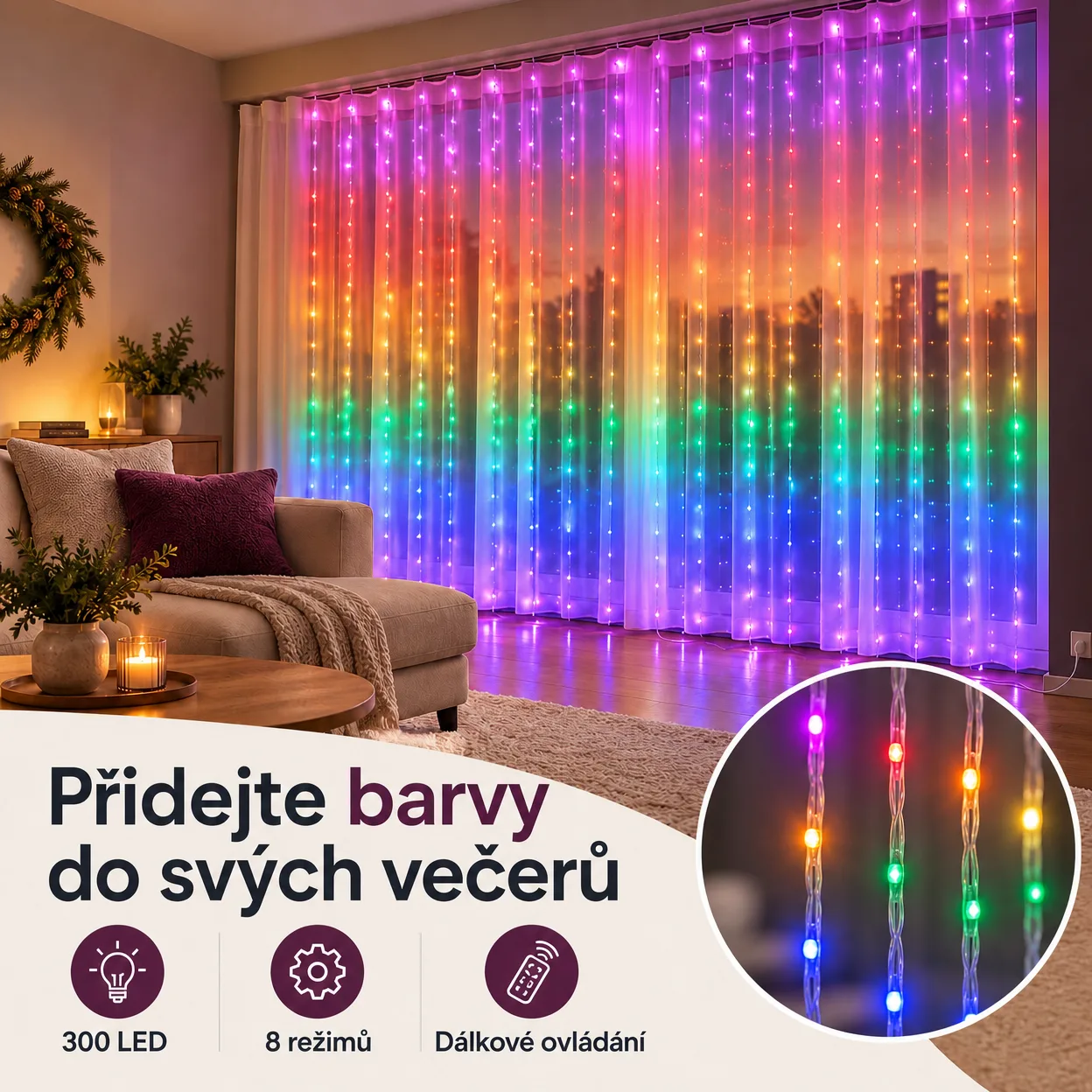 ColorfulCurtain, lehký závěs s 300 barevnými LED světly - Image 1