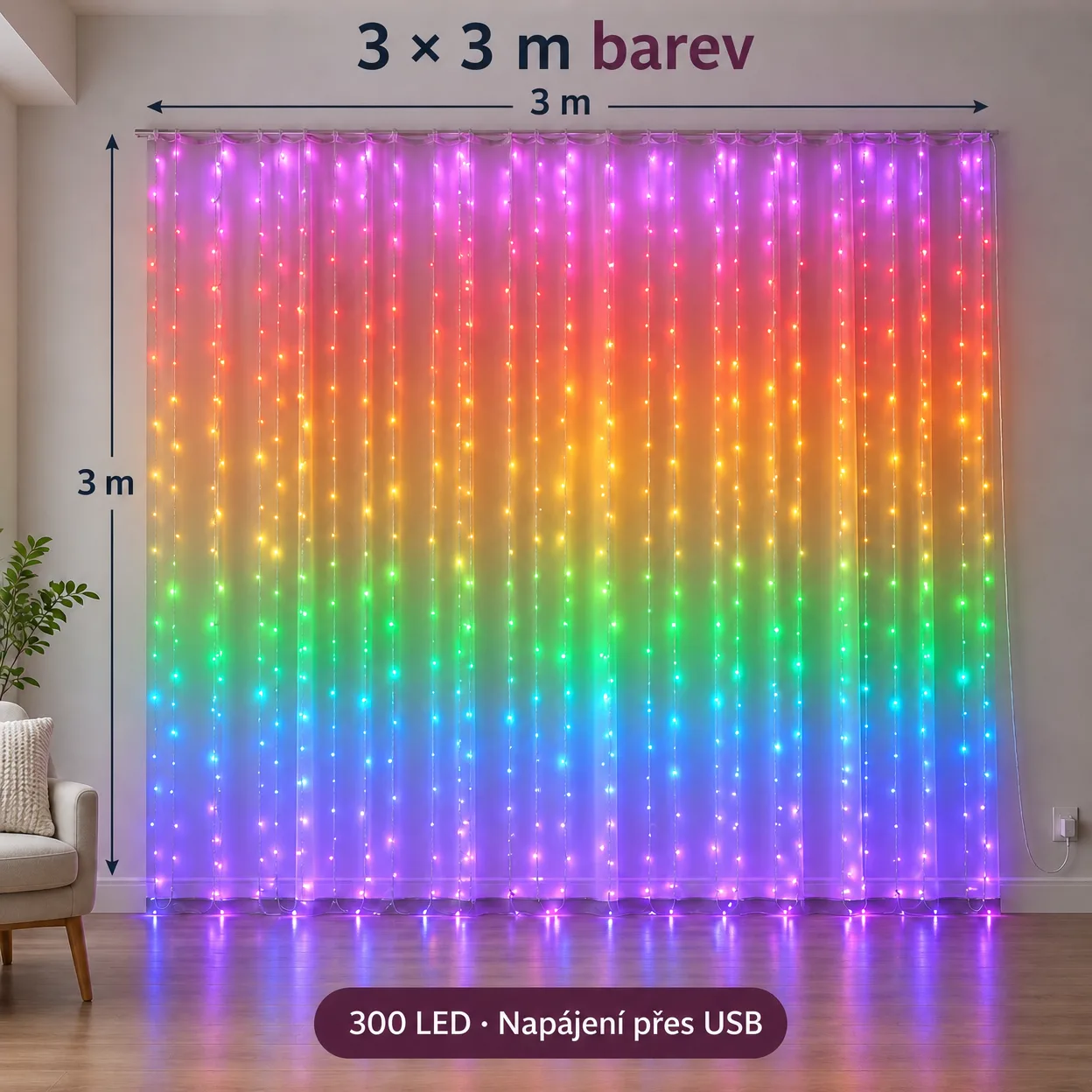 ColorfulCurtain, lehký závěs s 300 barevnými LED světly - Image 3