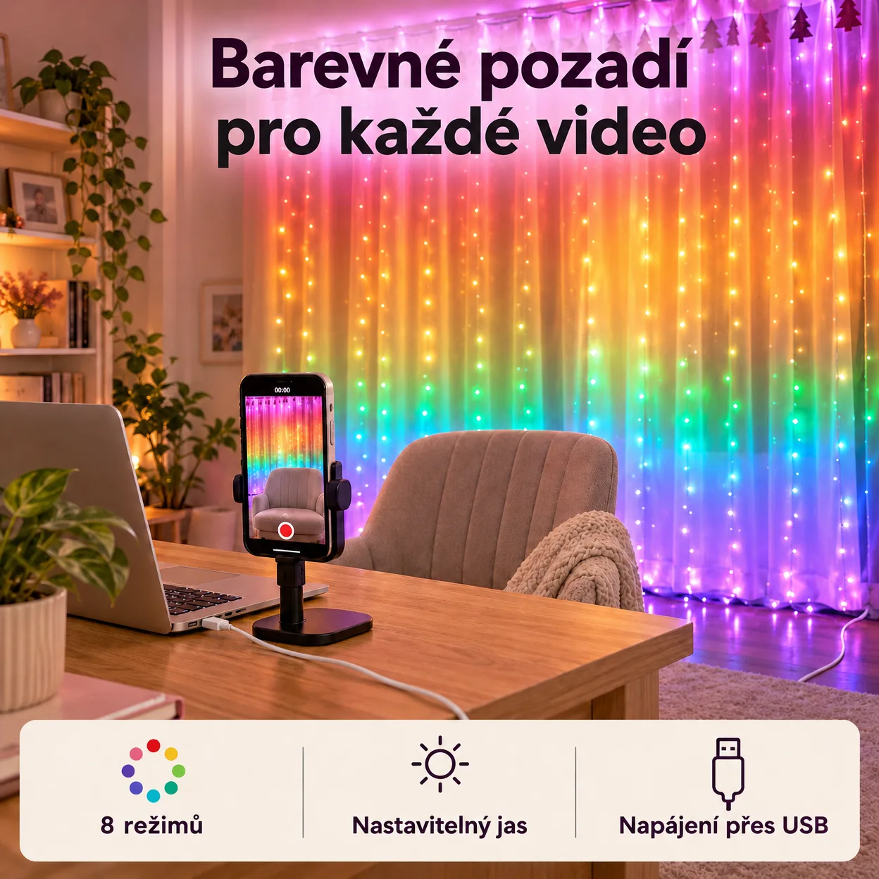 S přiloženým dálkovým ovládáním si můžete vybrat mezi 8 různými blikajícími režimy světelného závěsu!