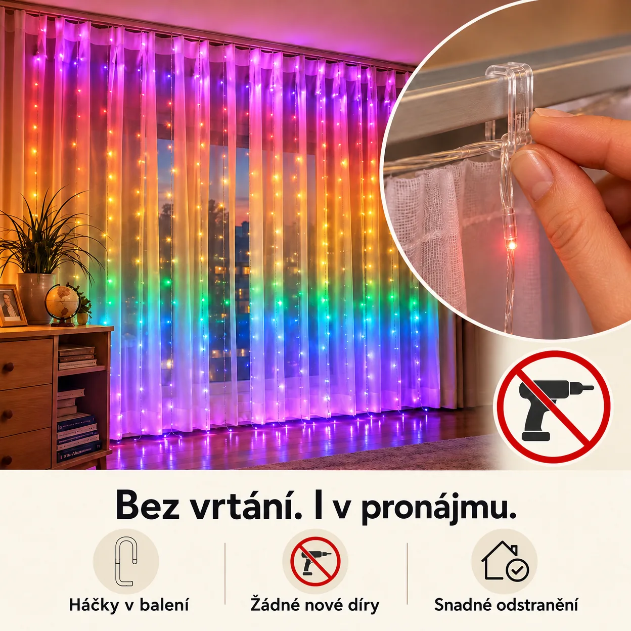 Novoroční světelný závěs je vhodný i pro jiné příležitosti během roku - různé večírky, narozeniny, domácí dekorace, obohacení zahrady nebo terasy...